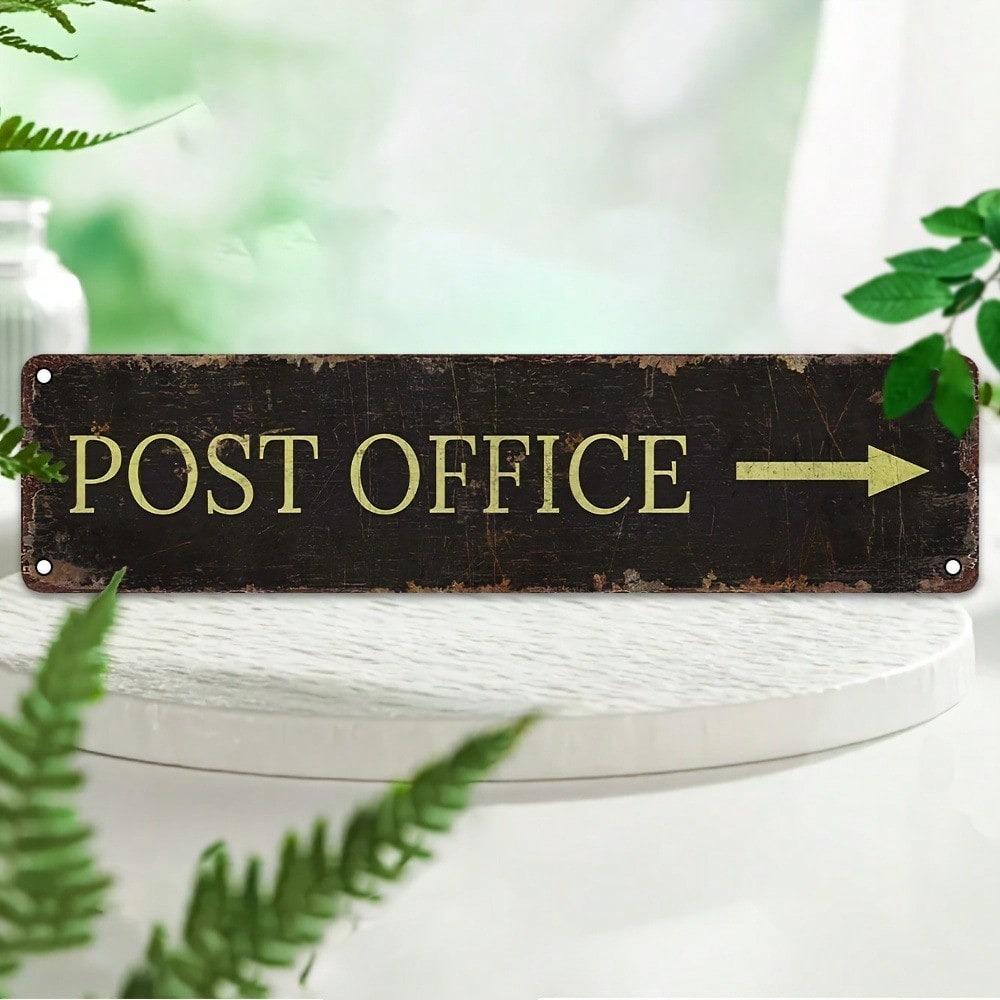 Vintage Metal Post Office Sign – Rustic Arrow Plaque, Gold Lettering, Weathered Retro Wall Decor for Cafe