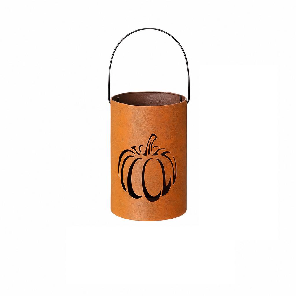 Rusty Metal Pumpkin Lantern Holder with Cutout Design for Candle Display Halloween Festival Decoration Small Size