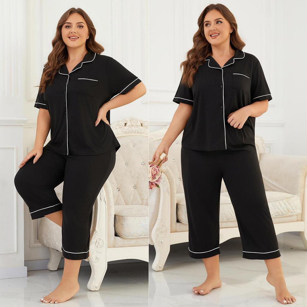Women’s Sleeping Suits Plus Size Pajamas Lapel Short Sleeves Shirts Cropped Pants 2pcs Sleepwear 1XL to 6XL Comfy Home Wear