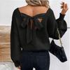 Women's Bow Knit Sweater Long Sleeve Backless V-Neck Drop Chunky Pullover Sweater