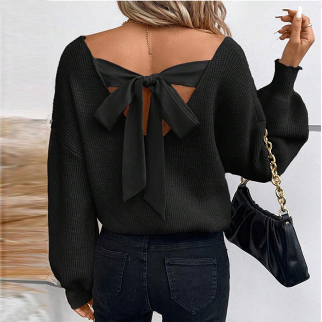 Women's Bow Knit Sweater Long Sleeve Backless V-Neck Drop Chunky Pullover Sweater