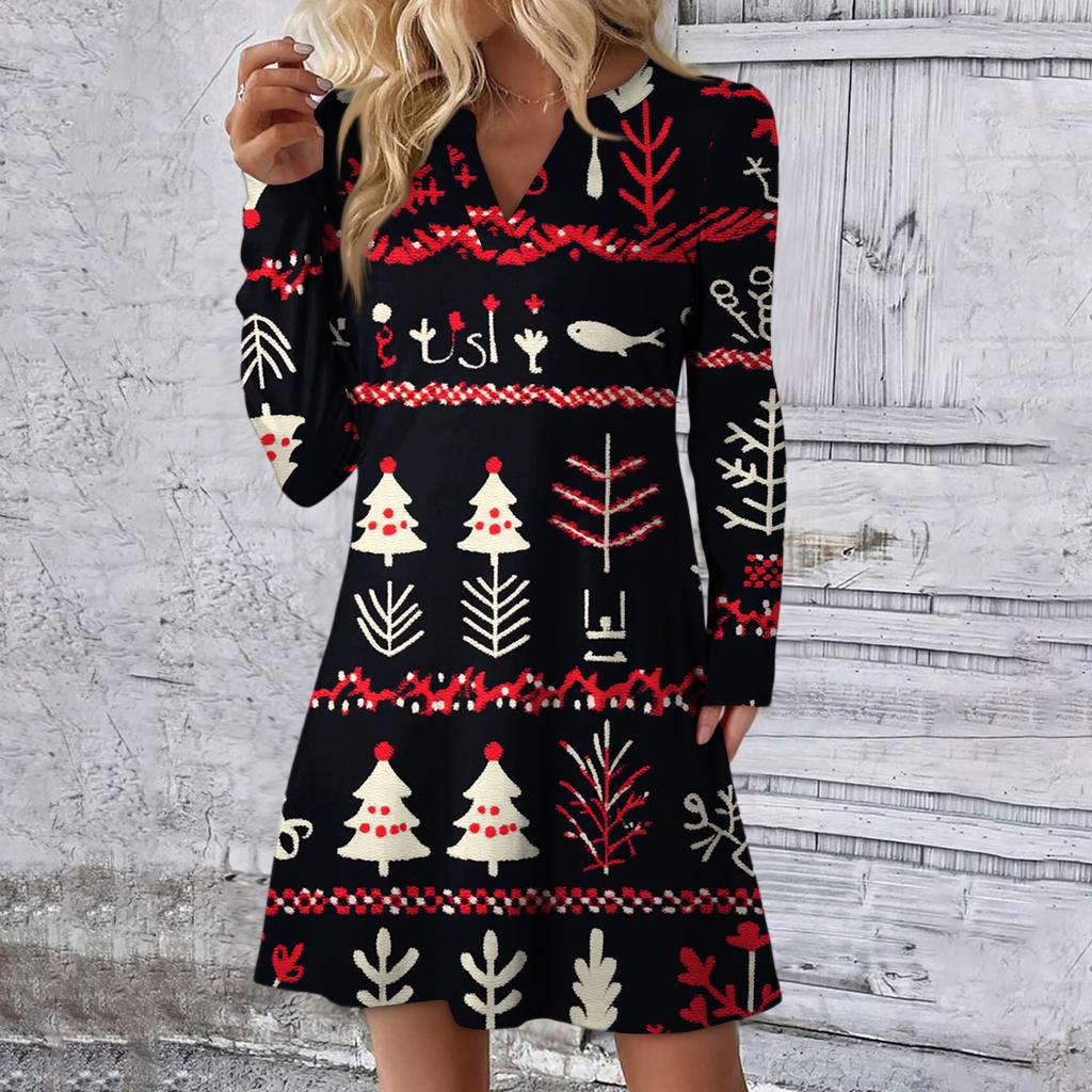 Dámské vánoční šaty s potiskem Volné šaty s výstřihem do V a dlouhým rukávem pro volný čas