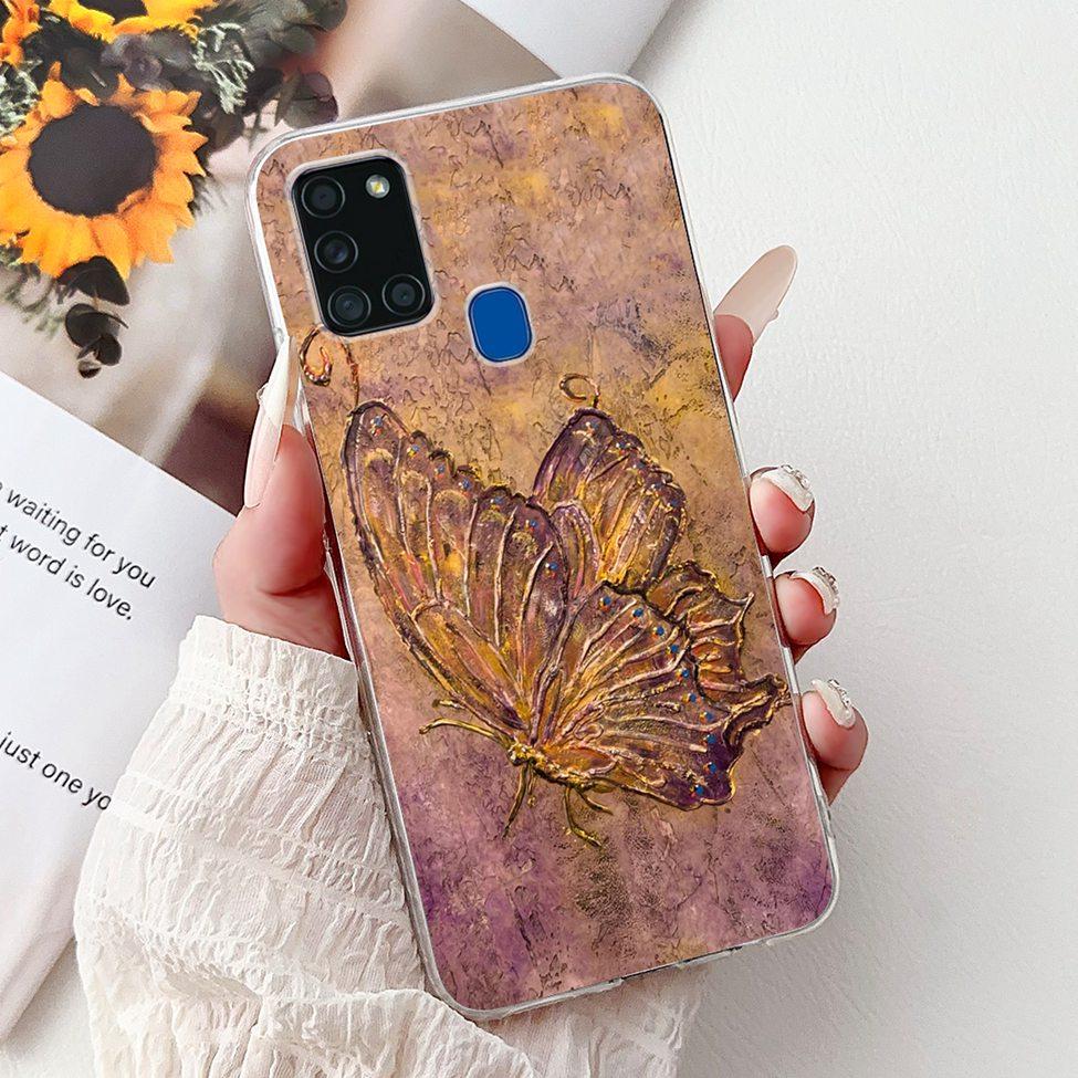 Clear For Samsung A21s SM-A217F SM-A217M Cover For Samsung Galaxy A21s Case Cute Luxury Butterfly Love Flowers Cool Painted