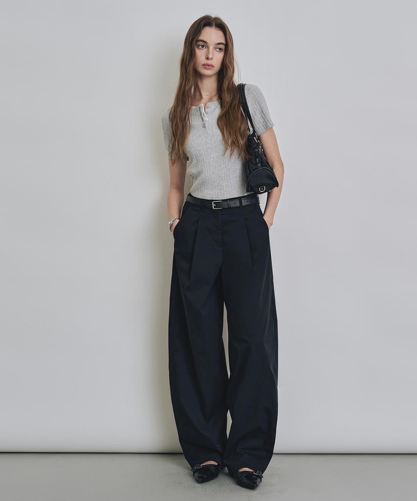 Keoseuteomeokeullagumeon Cotton-Like Semi-Balloon One-Pleat Slacks 3 Color Cowpt003