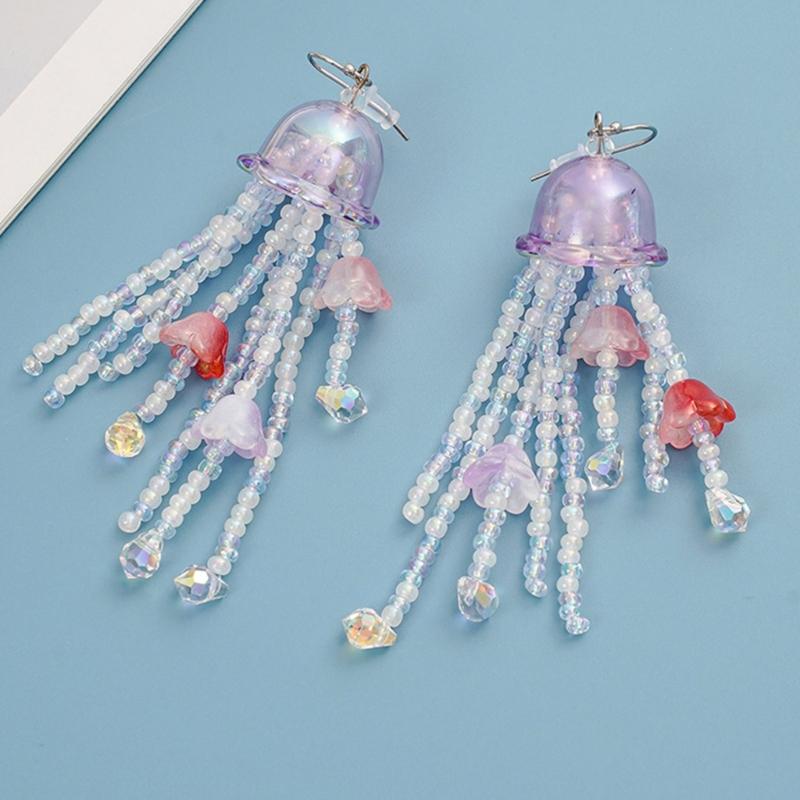 Handmade Jellyfish Dangle Earrings With Flowing Tassels Portable Accessory for Fashionable Ocean Lovers Outfits