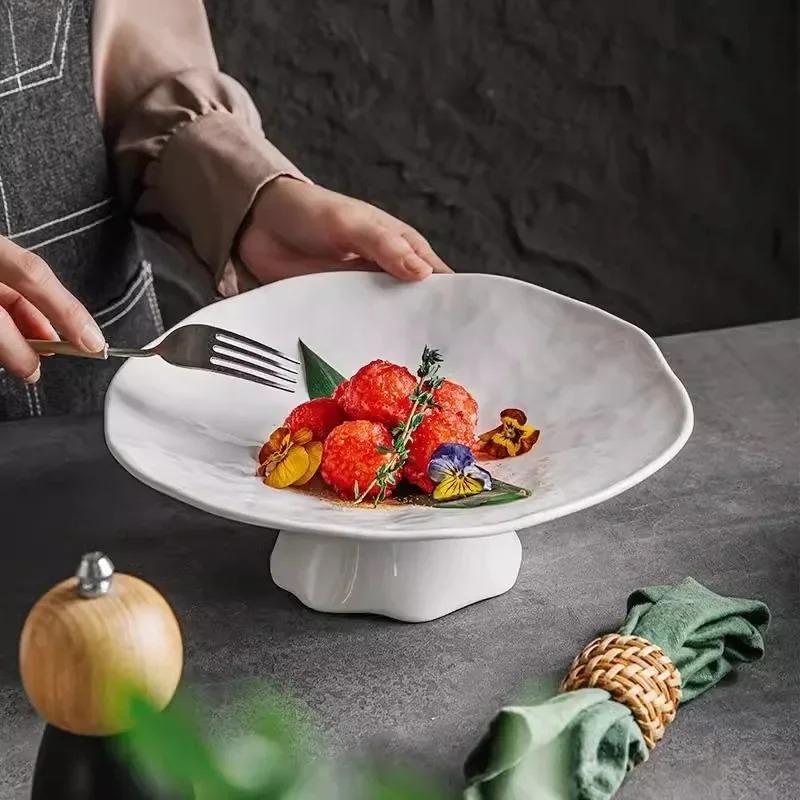 Ceramic Plate High Footed Dessert Plate Snack Plates Salad Plates Pasta Dish Serving Plate Molecular Cuisine Kitchen Tableware