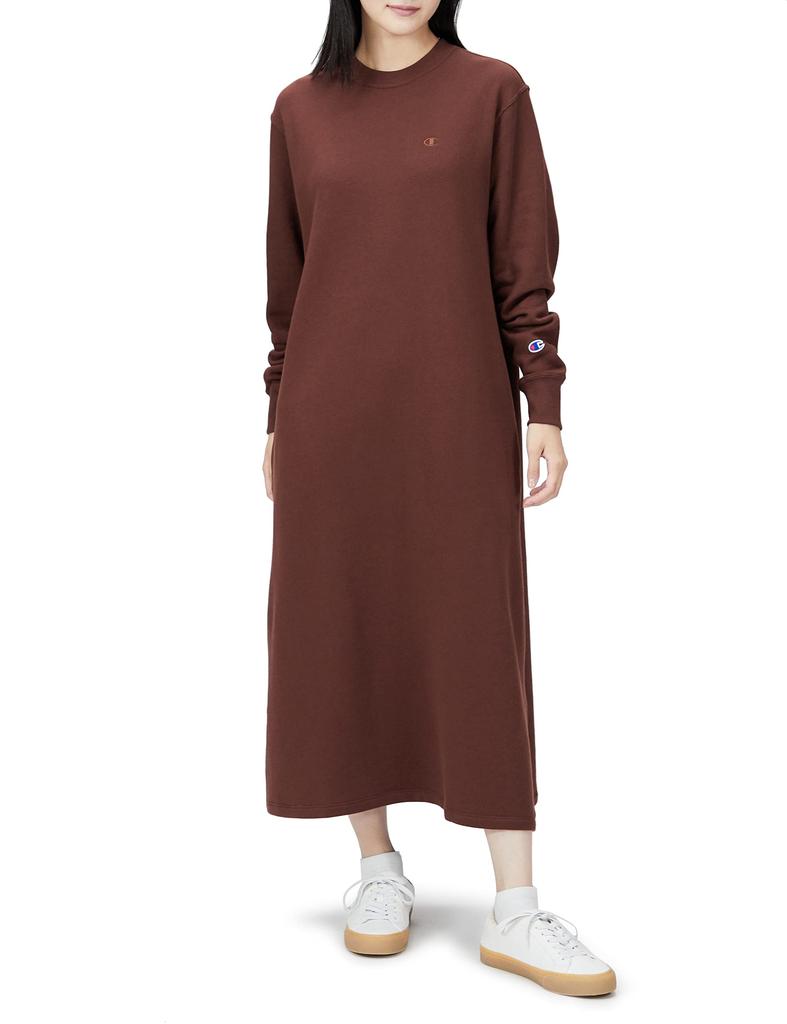 Champion Basic Long Sleeve Cotton USA Crew Neck Sweat Dress with Logo Size S Women's One-Point Embroidery, Brown, (CWSW053Z)