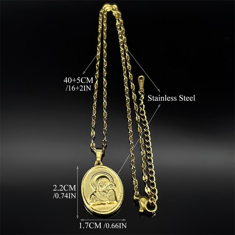 Collana Pendente Medaglia Vergine Maria con Gesù Bambino per Donne Uomini Acciaio Inossidabile Colore Oro Gioielli Cristiani Regalo