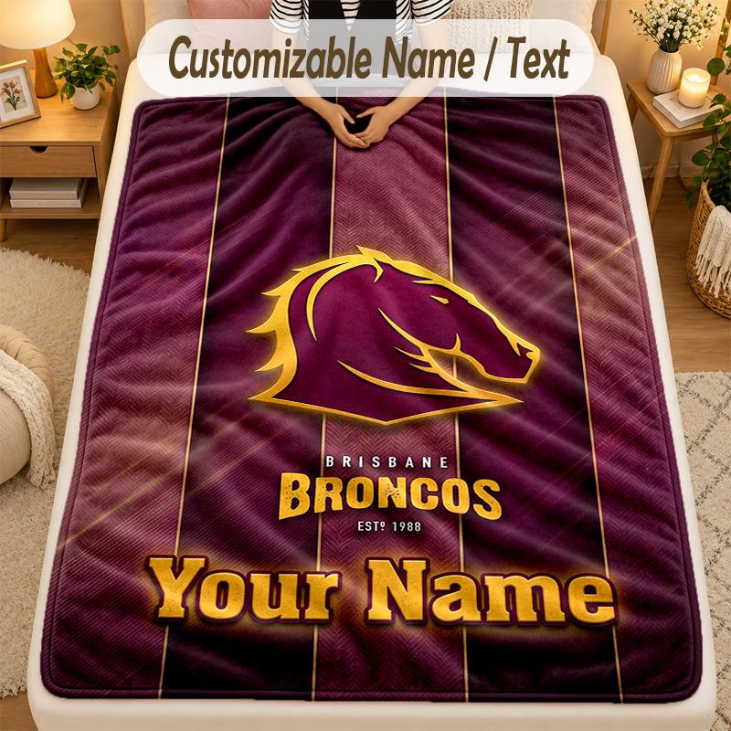 Flannel BlanketBrisbane Broncos Custom Name Text Personalized Soft Warm Throw Blanket Home Decor Gift