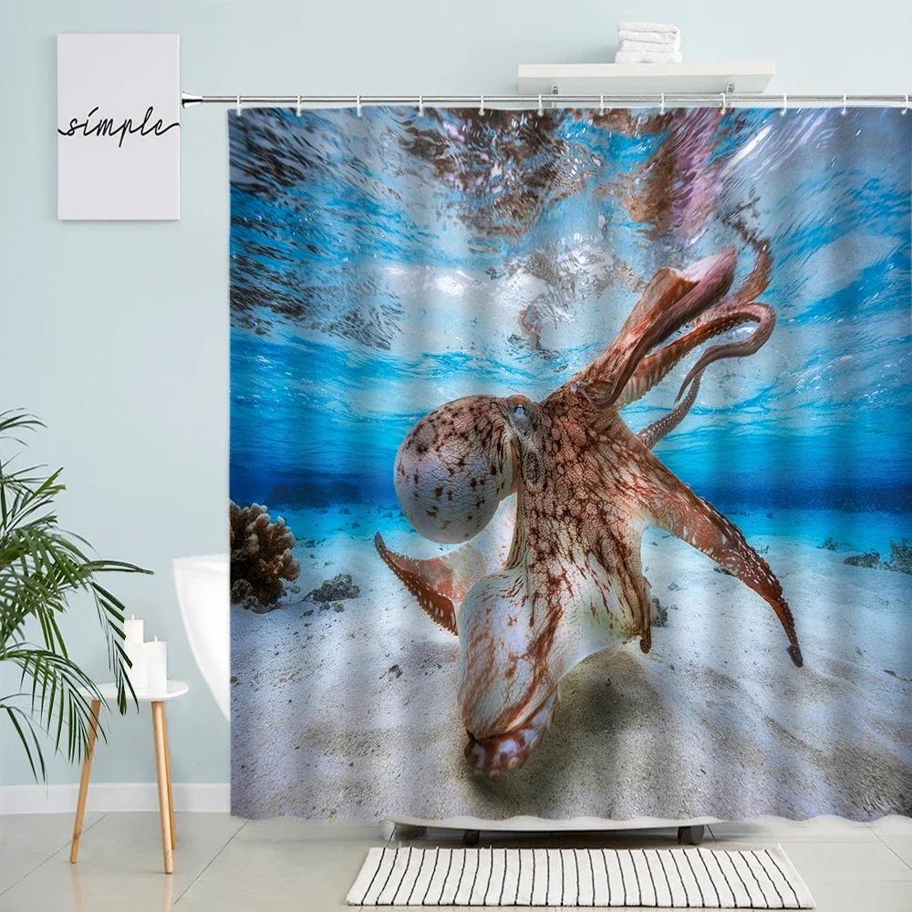 Dolphin Shark Shower Curtain Coral Tropical Fish Sea Turtle Underwater World Landscape Modern Children Bathroom Curtains Decor