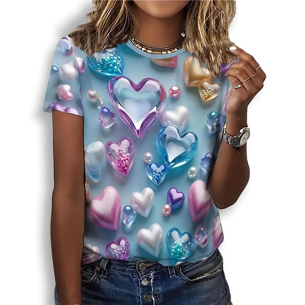 Fashion 3D printed women's T-shirt casual round neck love summer short sleeved top hip-hop fashion women's clothing loose girl T-shirt