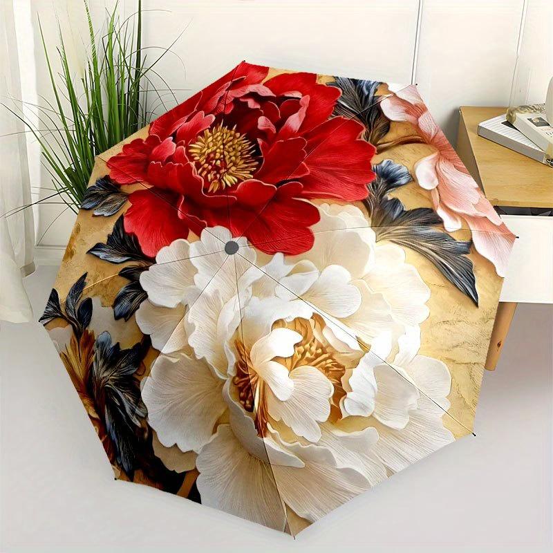 

8-Rib Sturdy Peony Pattern Umbrella | Automatic Open, Foldable, Ideal for Outdoor Activities, Beach Travel, Fashionable and St Iron&8K
