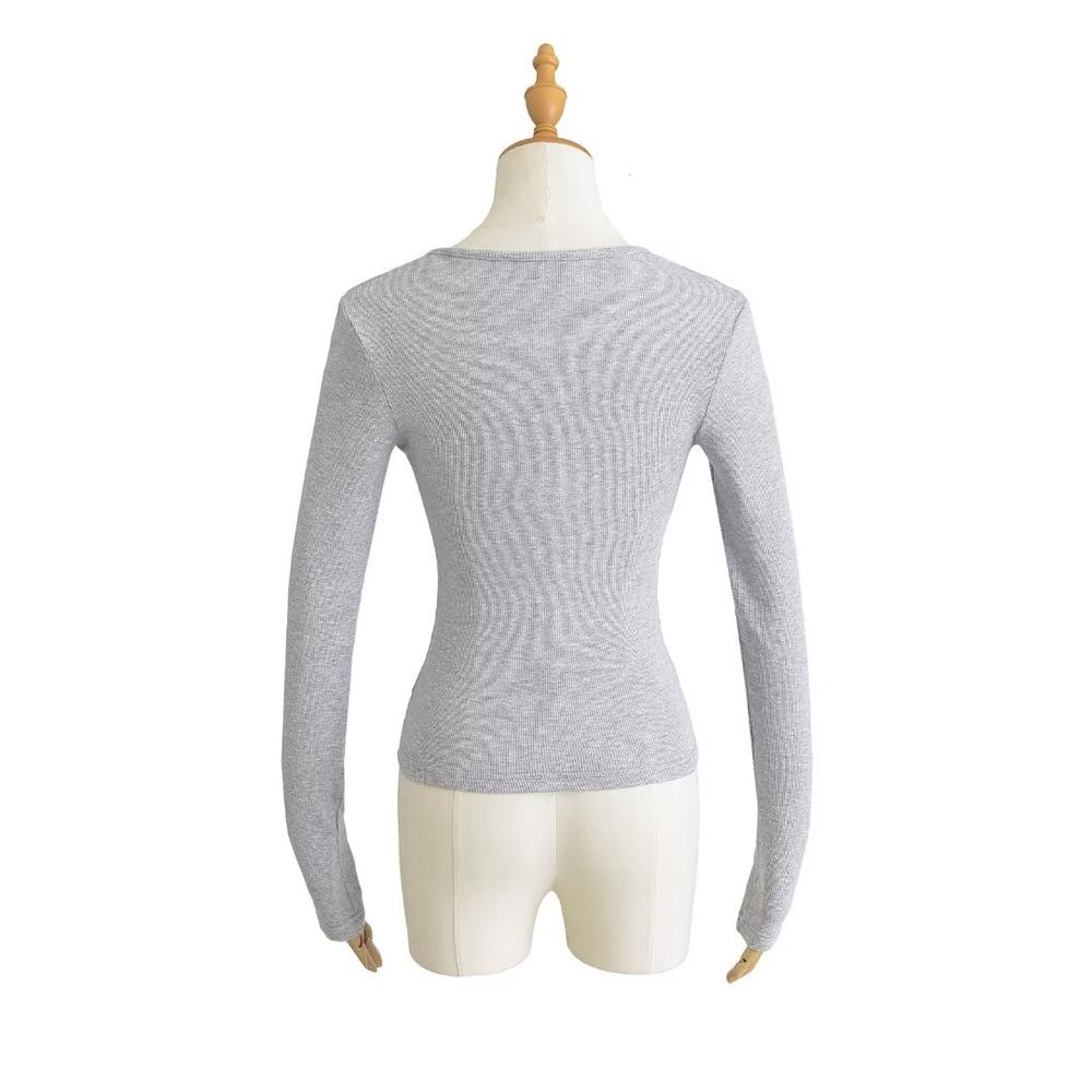 Trendy Women's Ribbed Long Sleeve Round Neck T-shirt - Slim Fit Autumn/Winter Base Layer in Solid Color.