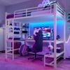 Loft Bed, 90 X 200cm, Iron Frame, Desk, Railing, Step Ladder, Shelves, with USB+Type-C Socket, with LED Strip, with Pegboard, Without Mattress, White