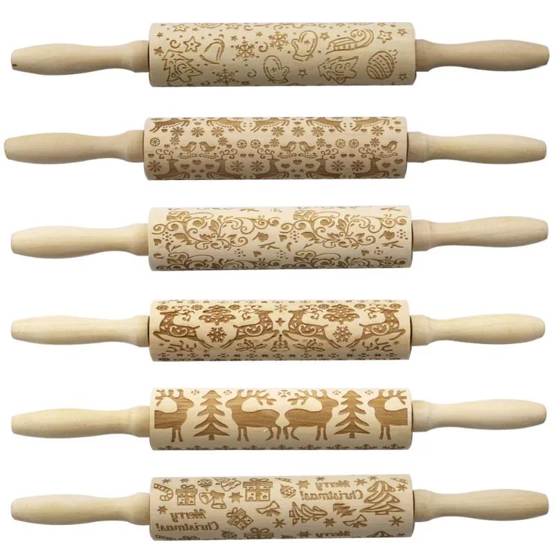 Wood Christmas Printing Rolling Pin Elk Snowflake Christmas Tree Snowman Cookie Crafts