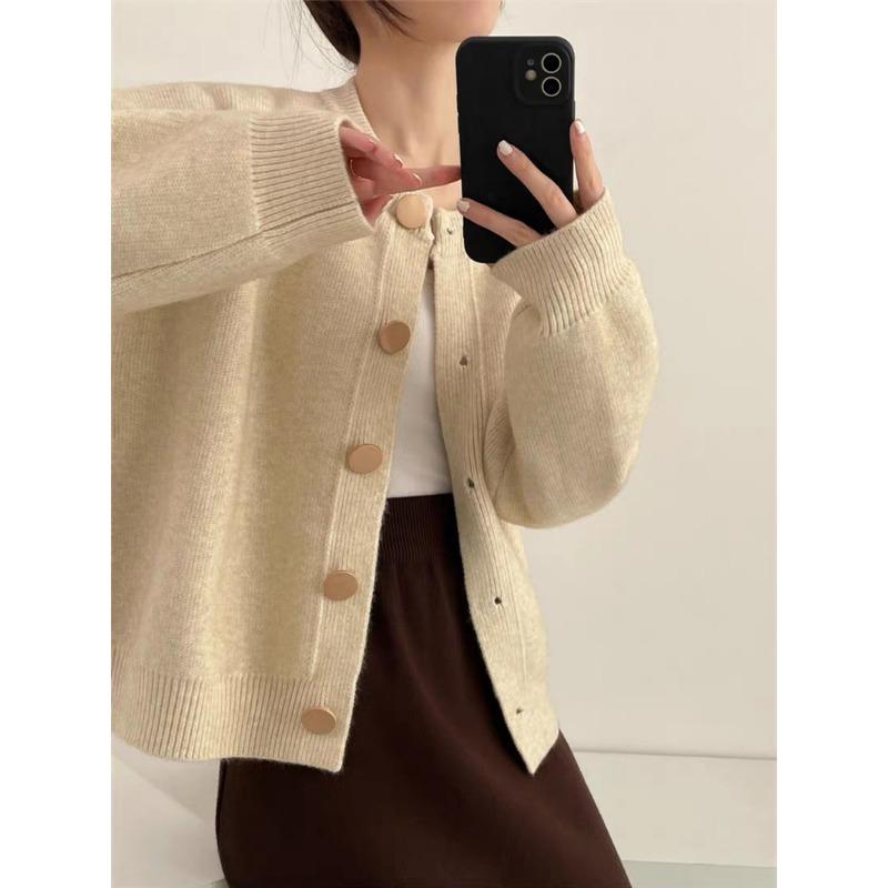 

Design Sense однобортный вязаный кардиган женский осень-зима свободный ленивый ветер круглый вырез короткий свитер куртка One size хаки