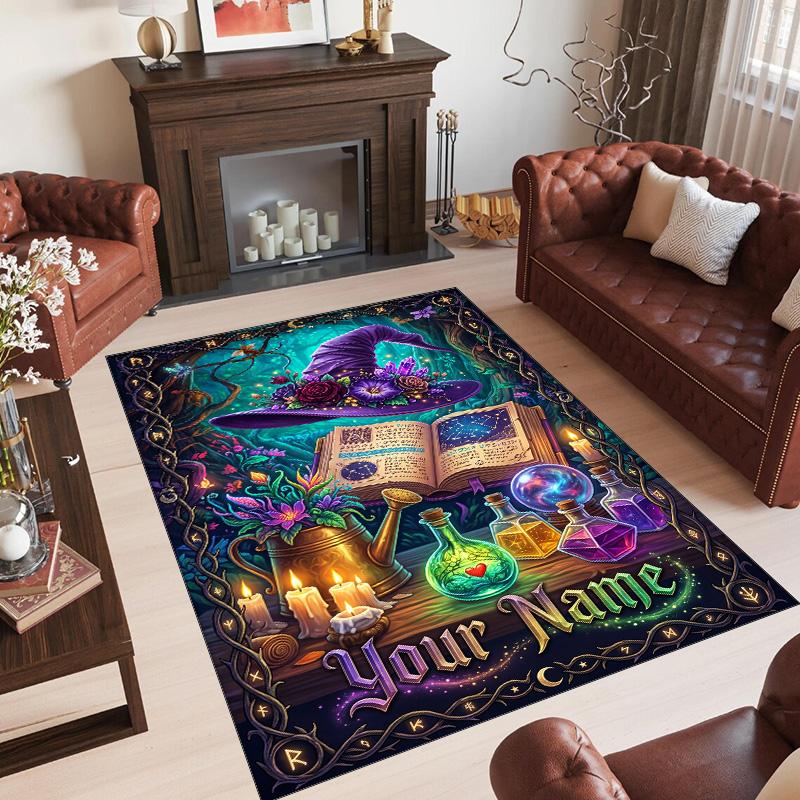 Witchcraft Theme Crystal Velvet Rug Personalized Custom Name Text Soft Floor Mat Home Decor
