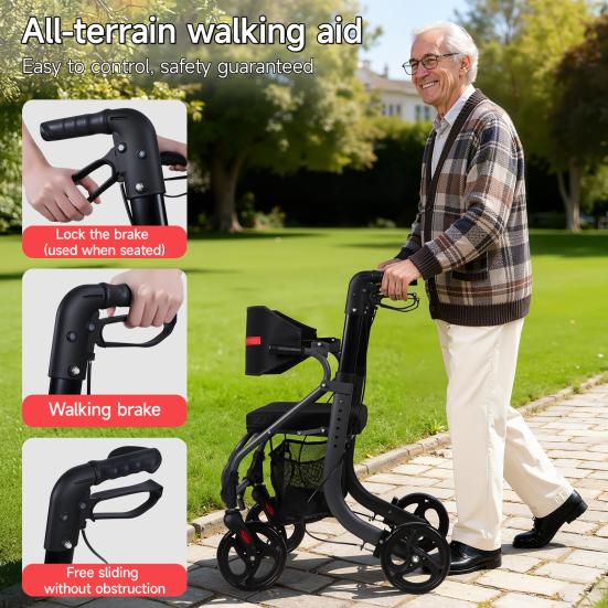 Walkers for Seniors, 8" Big Rubber Wheels All Road Rollator Walker with Seat, Foldable Height Adjustable Rolling Walker, Lightweight Aluminum Alloy