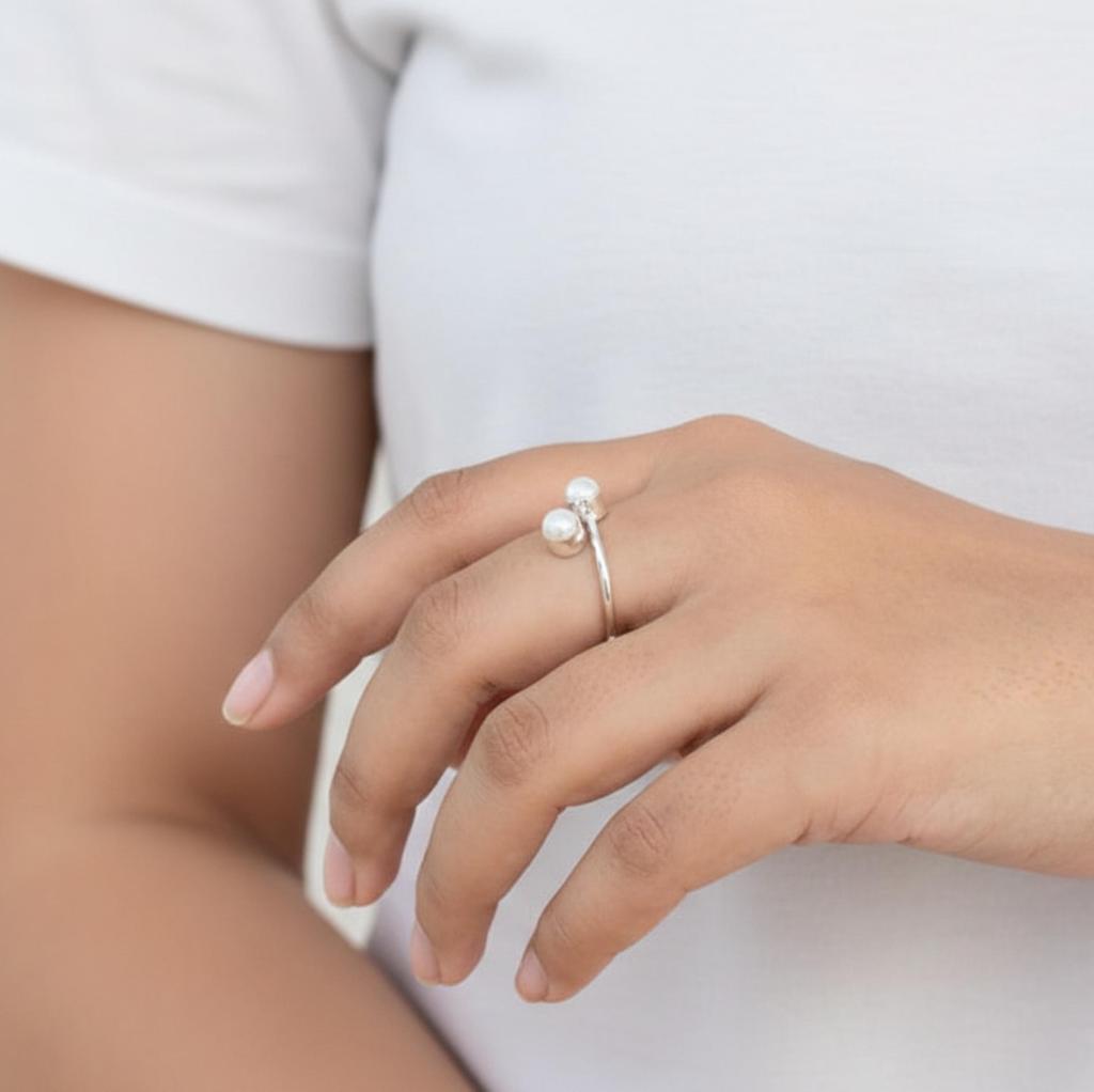 White Pearl Double Stone Ring, Adjustable Minimalist Open Ring, Handmade Bohemian Jewelry for Women