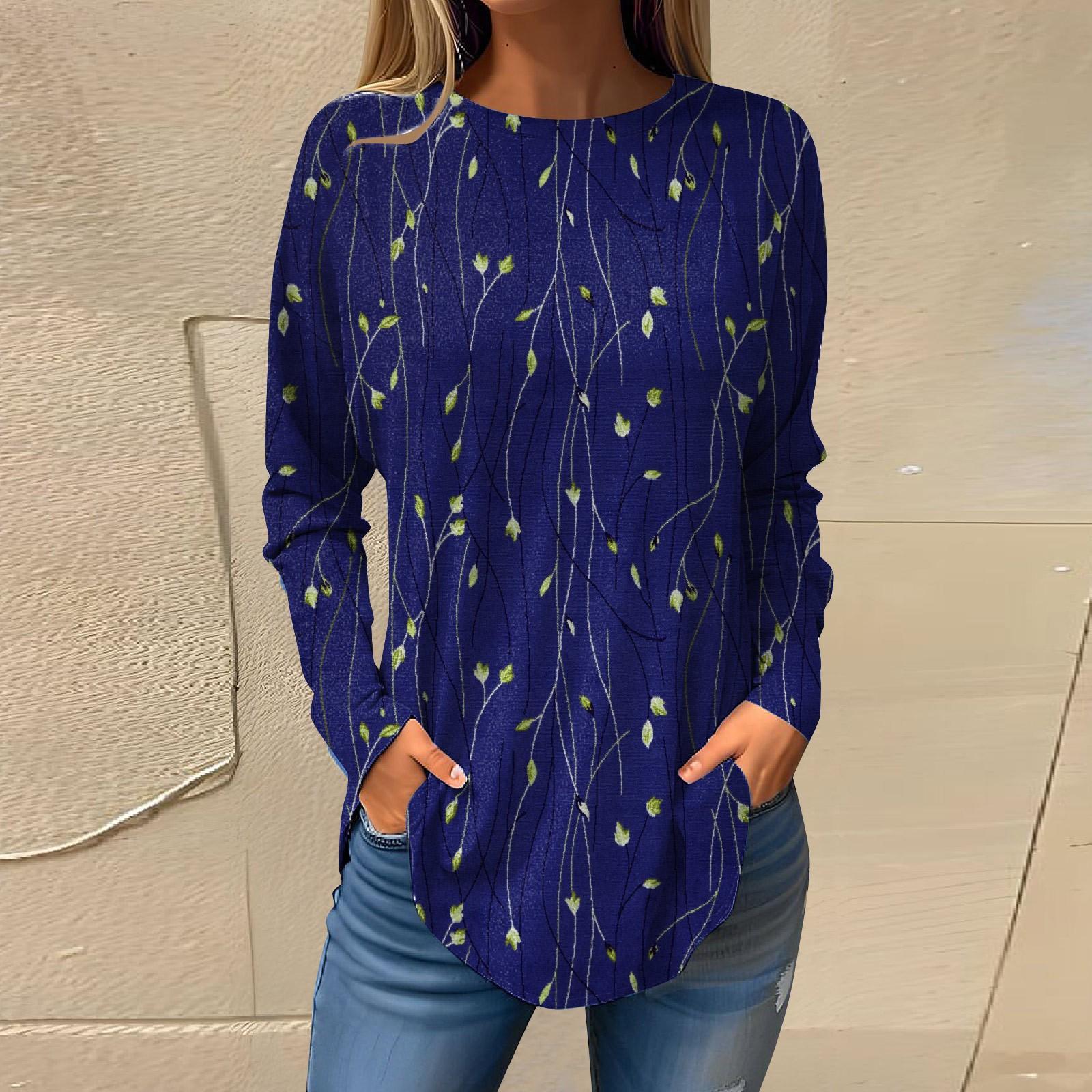 

Футболки для женщин, осенние повседневные рубашки с длинными рукавами, толстовка с ретро-принтом, топ, пуловер S синий