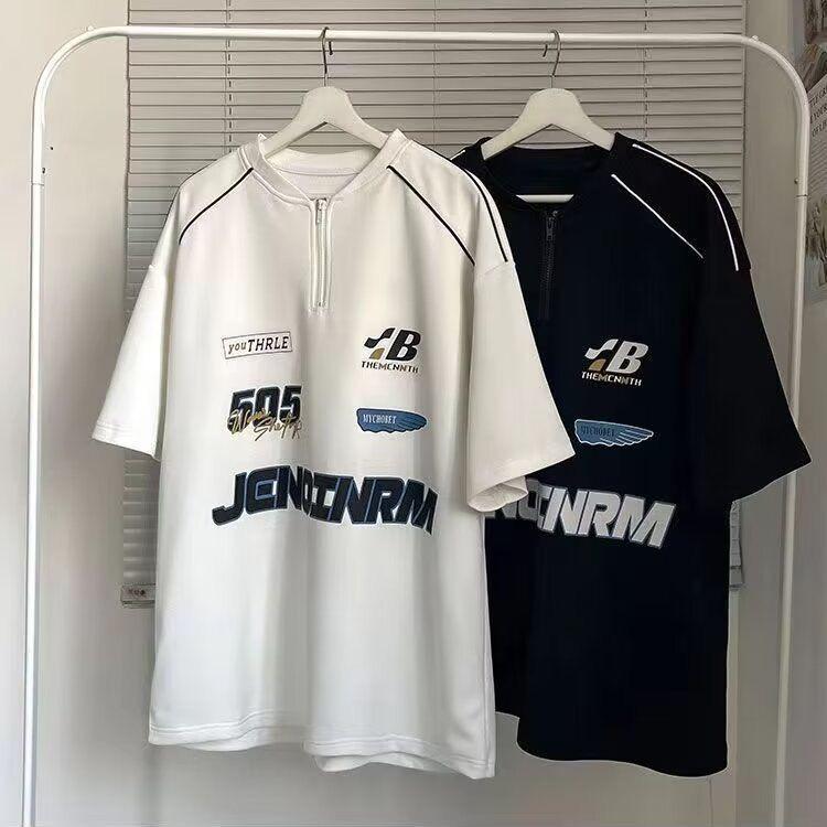 Camiseta de Manga Corta con Media Cremallera para Hombre - Alta Gama, Rebelde, Estilo Callejero Americano, para Carreras