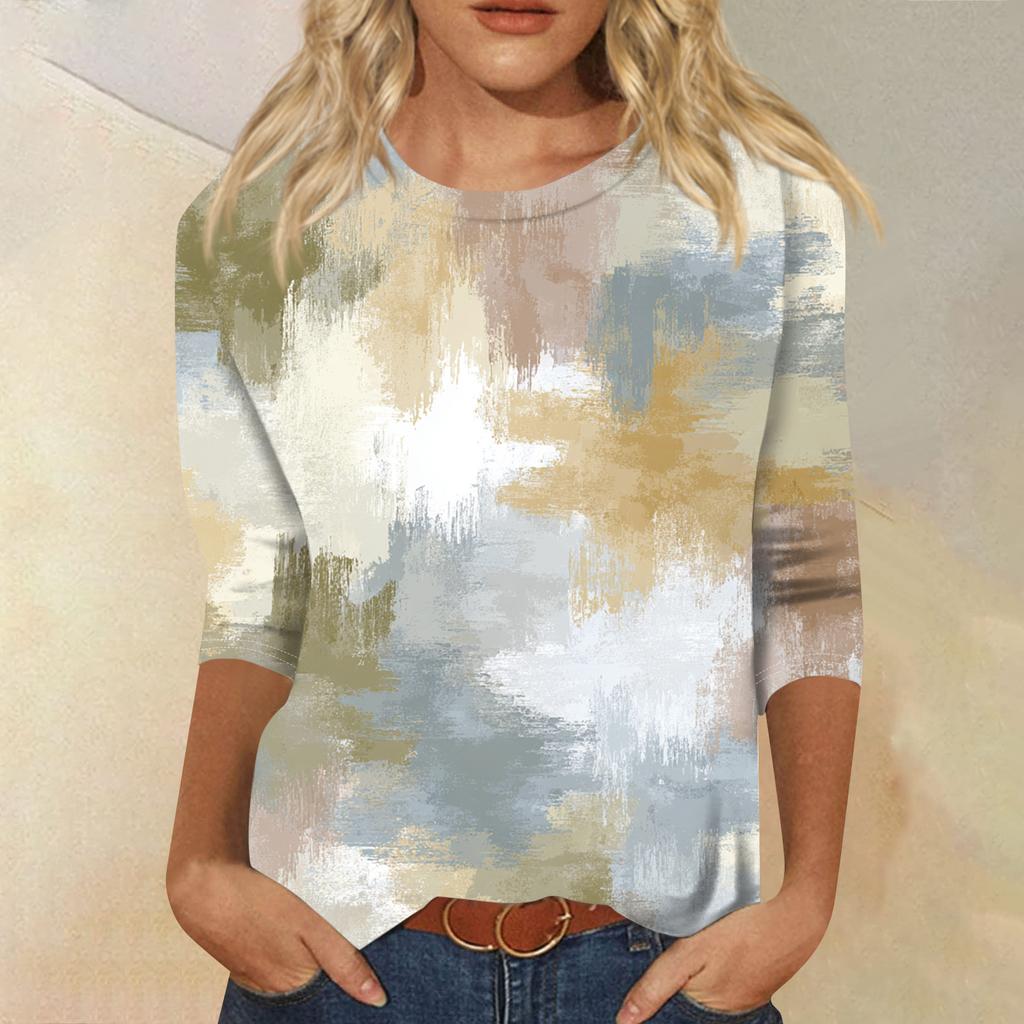 Women's Fashion Casual Round Neck Three-quarter Sleeve Gradient Print T-shirt Top