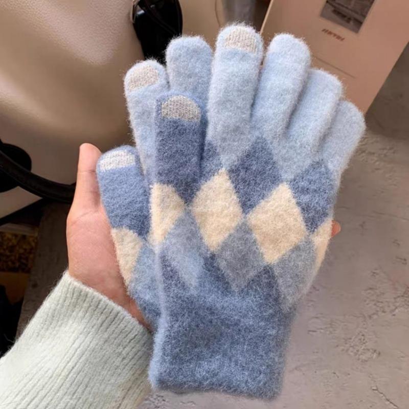 Gants chauds en laine pour femmes en automne et en hiver Écran tactile Cyclisme Mignon Hiver Cyclisme Étudiants Cinq doigts Plus Velours Ins Tricoté