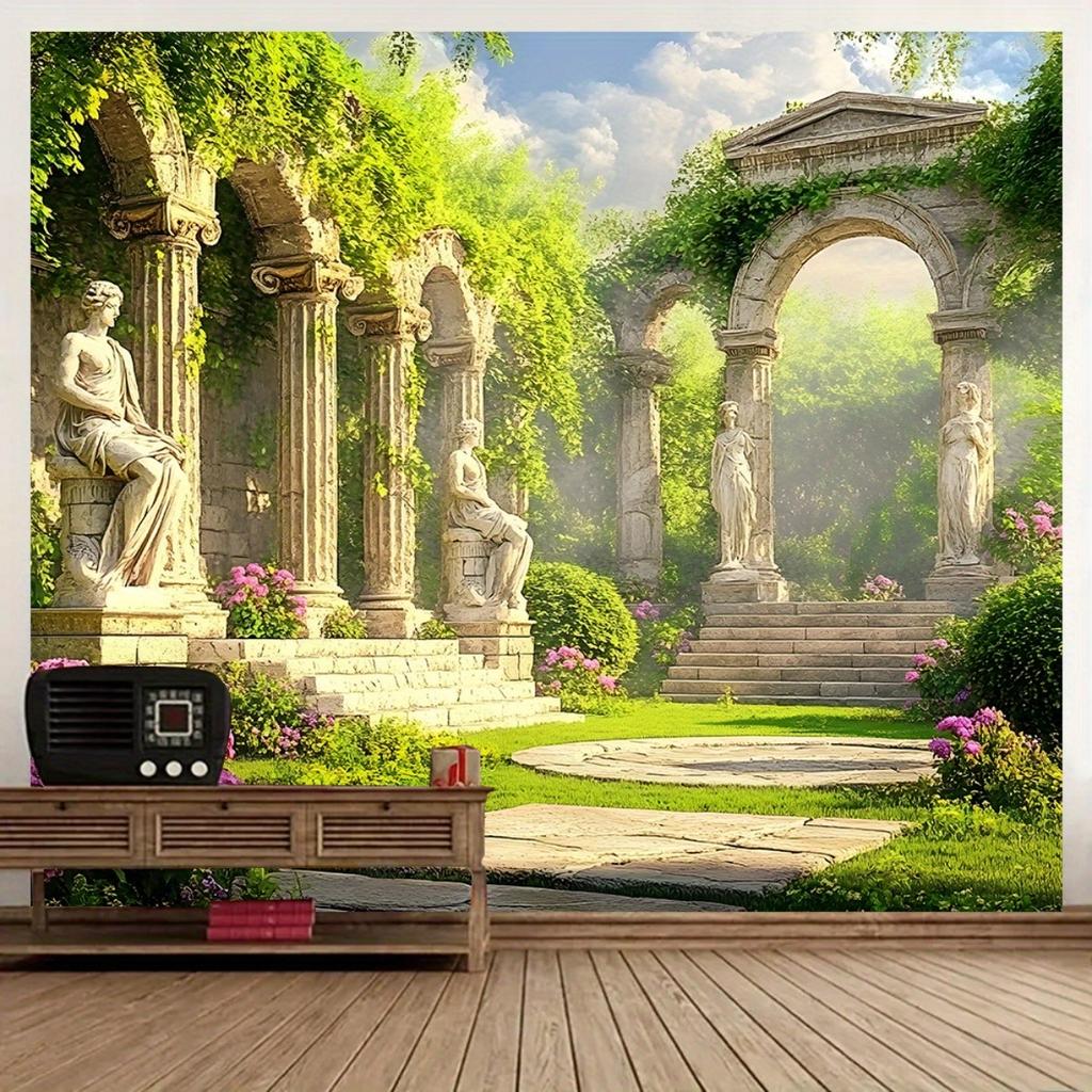 2D flaches Banner, 1 Stück, Banner mit mythischem griechischem Tempel-Hintergrund - Großformatige Polyester-Wanddekoration