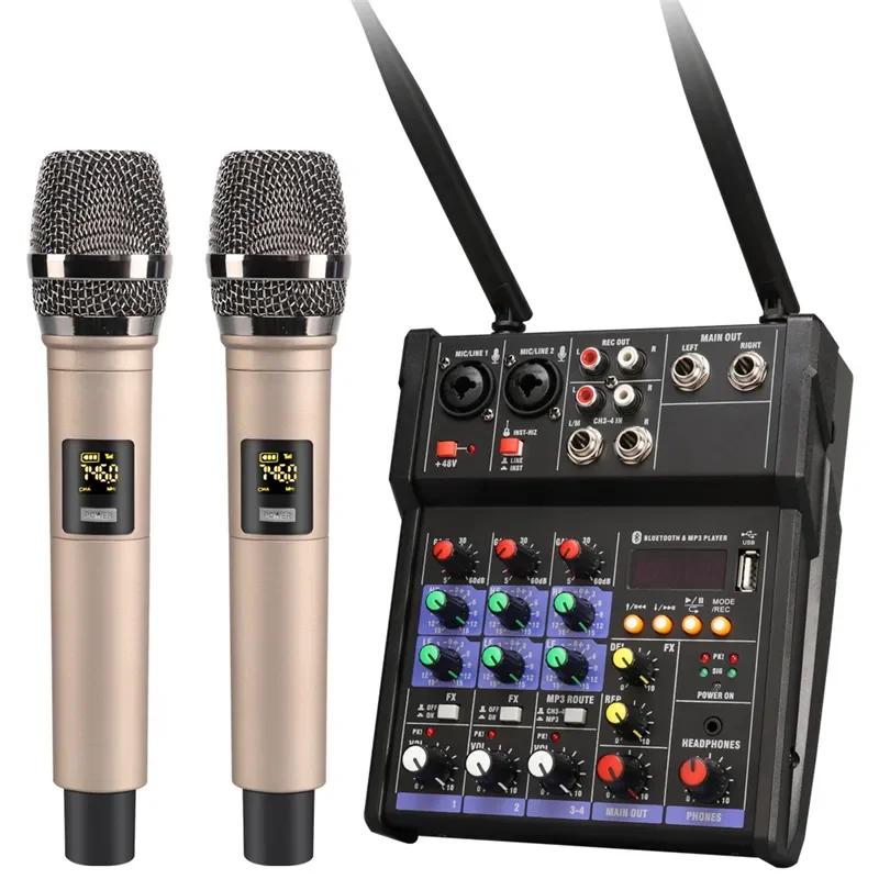 4 Channel USB Audio Mixer with Wireless Microphone Studio Sound Mixers with Bluetooth DJ Console Mixing for Karaoke