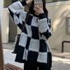 Sweter w kratę, damski, pogrubiony, luźny sweter z okrągłym dekoltem, dzianinowy top