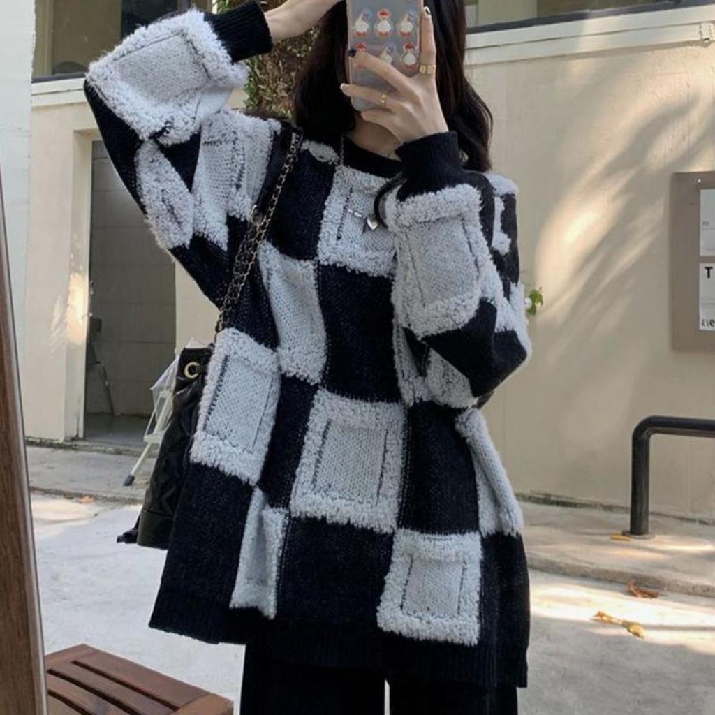 Sweter w kratę, damski, pogrubiony, luźny sweter z okrągłym dekoltem, dzianinowy top