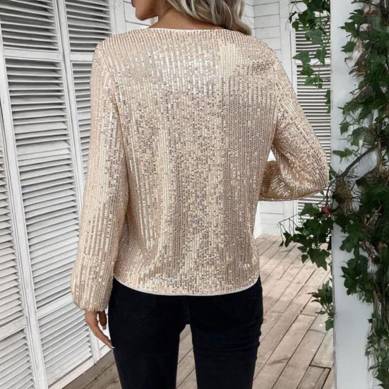 Women Tops V-Neck Lantern Long Sleeve Pullover Tops Loose Fit Solid Color Shiny Sequins Party Blouse Streetwear