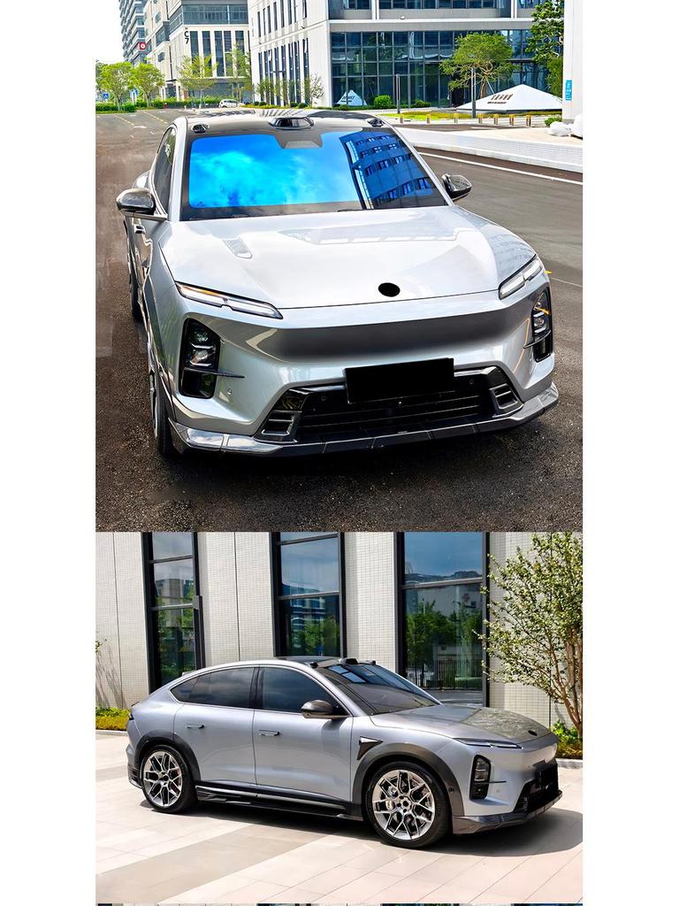 Compatible with NIO EC6: Modified Pluto Style Front Lip, Rear Lip, Top Wing, Tail Wing, Wind Deflector, Fender Trim, and Mirror Cover Kit.