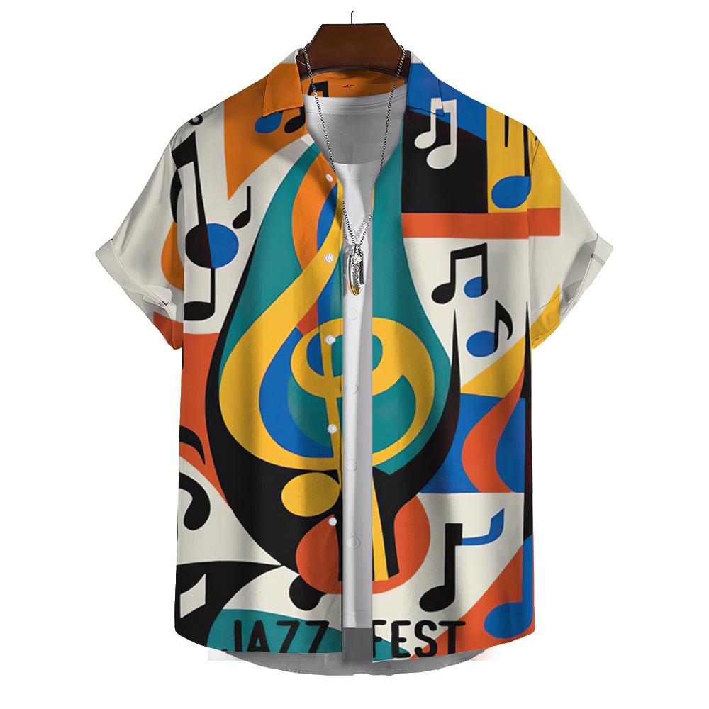 Summer Fashion Printed Shirt Men's Short Sleeve Shirt Cartoon Musical Instrument Printed Street Casual Men's Oversized Top