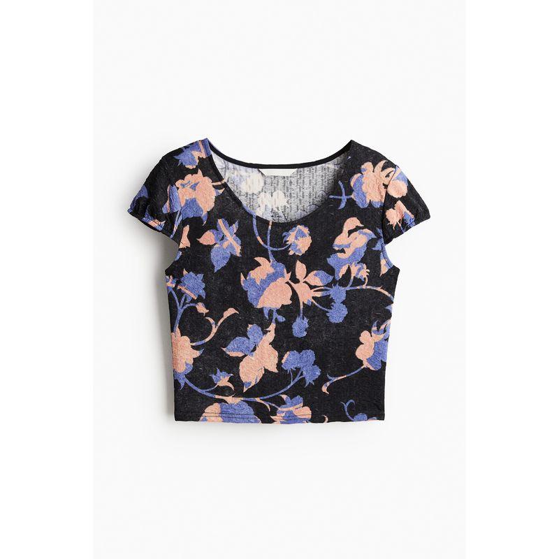 

HM Women s T-shirt Fall Slim Fit Plaid Florals Textured round Neck Short Cover Sleeve Short Top 1240205 Black/Florals 155/80