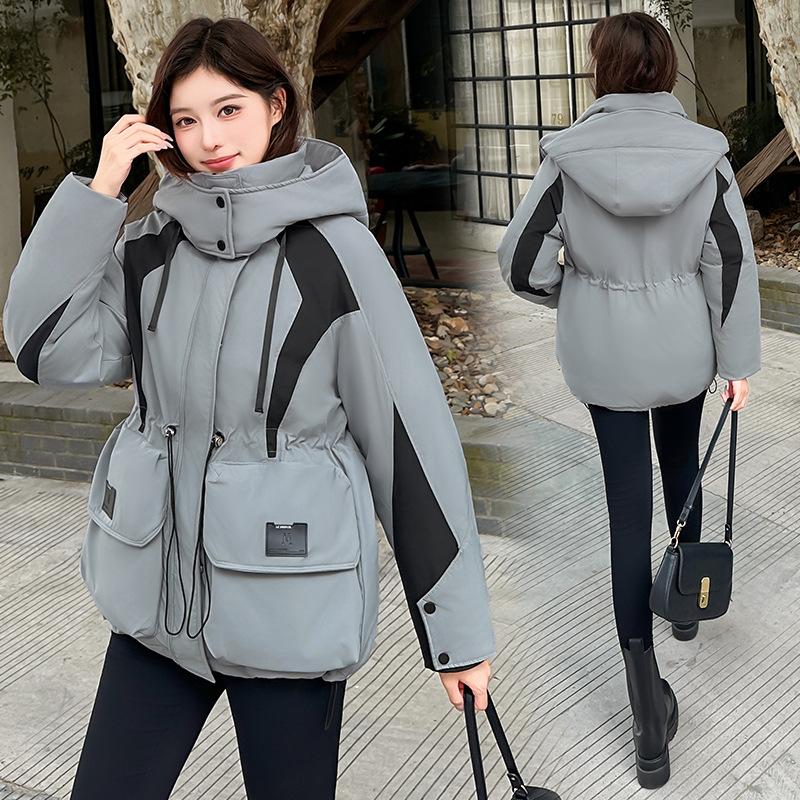 Color Matching Down Cotton Clothes Women's Medium and Long 2025 New Hooded Waist Winter Fashion Loose Thickened Warm Jacket