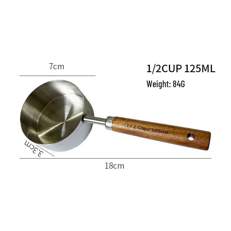 Gold-Plated Stainless Steel Measuring Cups & Spoons Set with Acacia Wood Handles – 8 Pieces