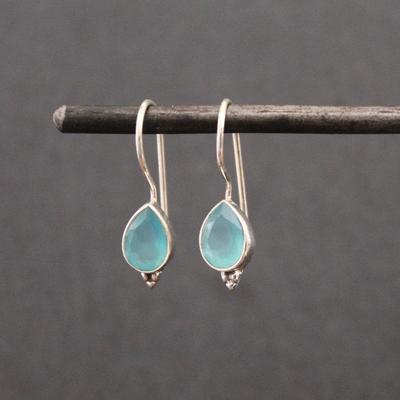 Solid 925 Sterling Silver Aqua Chalcedony Teardrop Earring Women Handmade Earring Silver Jewelry