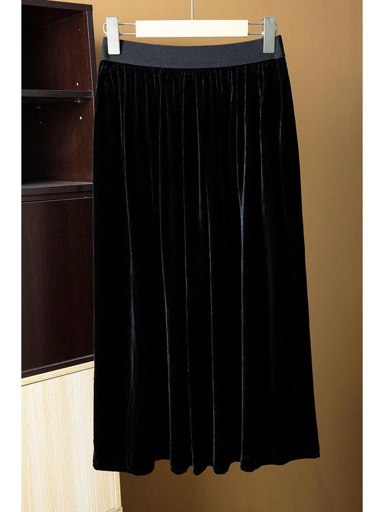 Velvet High Waist A-line Midi Skirt – Retro & Versatile Design