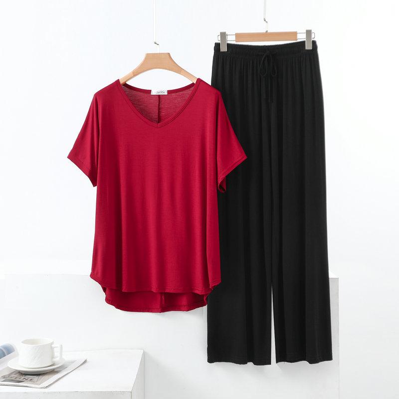 Summer Modal Homewear 2 Piece V-Neck Short Sleeve Tshirt and Wide Leg Pant Ankle Length Loose Sleepwear Set Comfort Pajama Sets