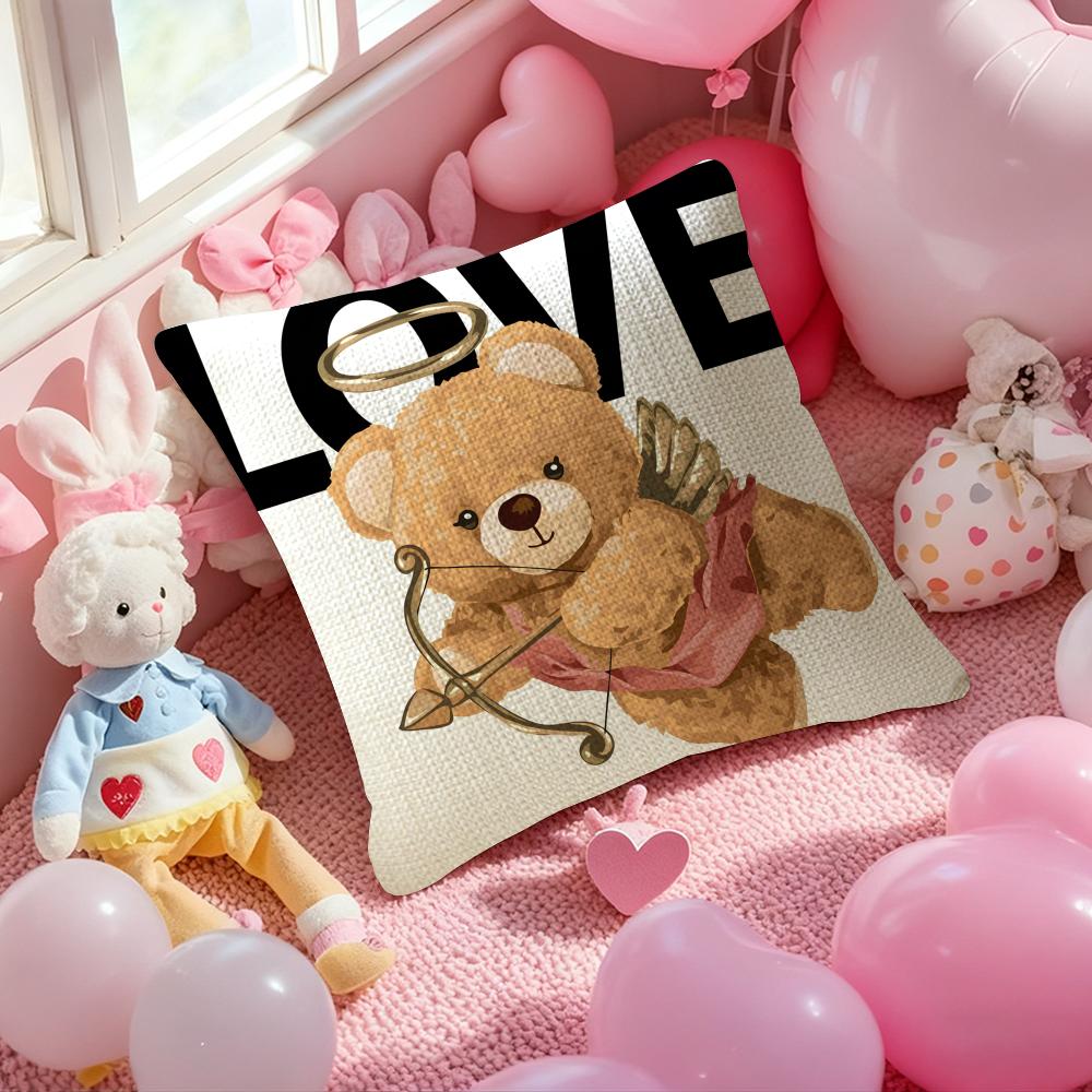 Love Family Companionship Teddy Bear Pillow Case Anti-Dustmite Pillowcase Invisible Zipper Silky Short Plush Sofa Cushion Cover