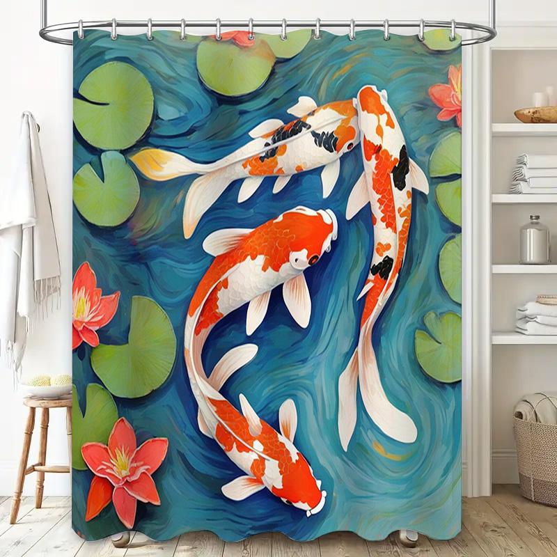 Koi Fish Shower Curtain 3D Printed Waterproof Decorative Bathroom Wall Hanging, suitable for Kids Bathrooms, featuring Japanese