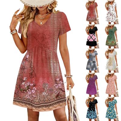 Modisches Damenkleid mit Print, V-Ausschnitt, kurzärmelig, locker, lässig, für den Strandurlaub
