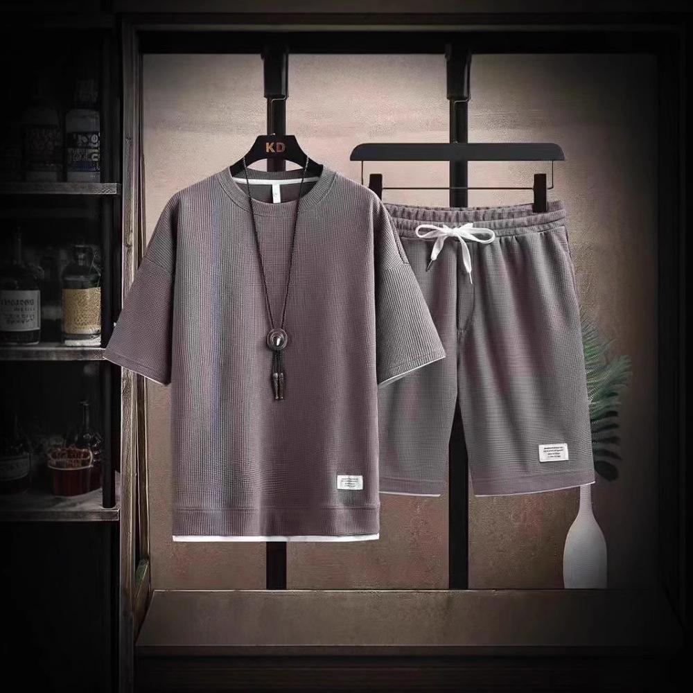 Men's Trendy Summer Waffle T-Shirt & Shorts Set - Loose Fit, Plus Size, Thin Short Sleeves
