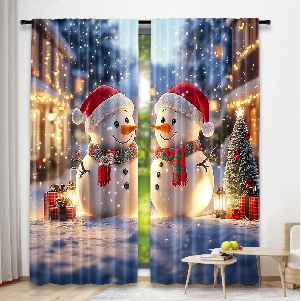 Flat Printing Christmas Curtains Day Snowman Digital Printed Polyester Drapes Birthday Party Use Curtain Set Of 2 Made Washable