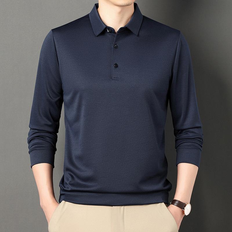 

Футболка с длинными рукавами, весна и осень, новый свободный топ для мужчин среднего возраста, повседневная однотонная рубашка поло с лацканами XXXXL