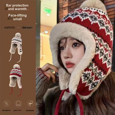 Ethnic Style Hat for Women, Winter Knit Warm Thick Fleece Headwear, Anti-Cold, Thick Fleece, Slim Face, Ear Protection Hat, Iron Hat