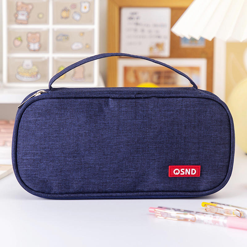 Handheld Double-layer Pencil Case Oxford Cloth Solid Color Student Case Pencil with Pen Clip Compartment Storage Bag School Stationery