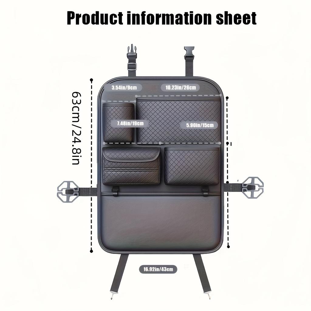 2025 New PU Leather Car Seat Back Organizer Bag with Diamond Pattern - Multi-Layer Storage for Bottles, Tablets, Laptops & Accessories, Black