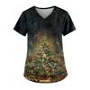 Ladies' Fashionable V-neck Pocket Short Sleeved Christmas Tree Printed Caregiver Uniform
